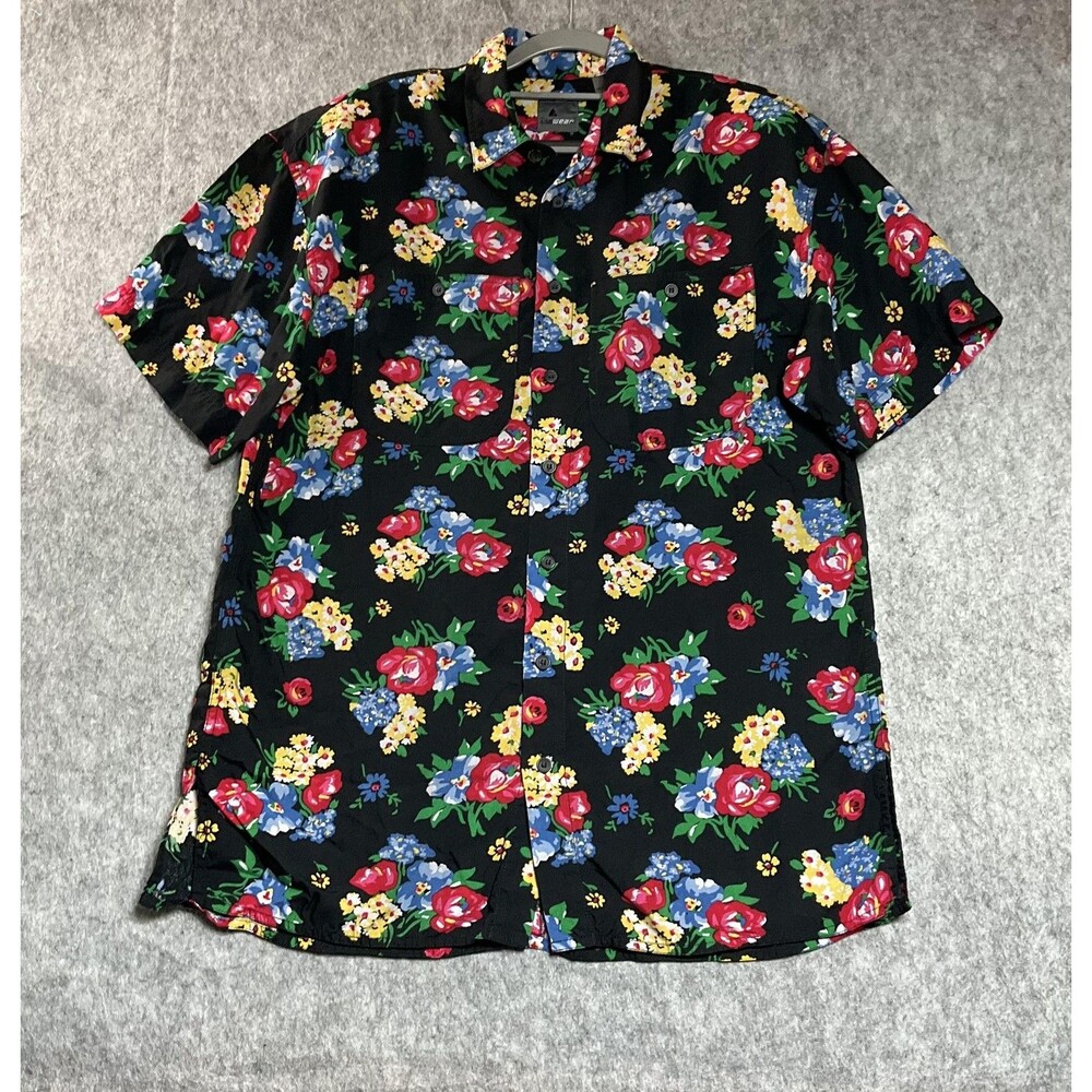 Vintage Lizwear Shirt Women Large Black Floral Short Sleeve Button Front Cottage